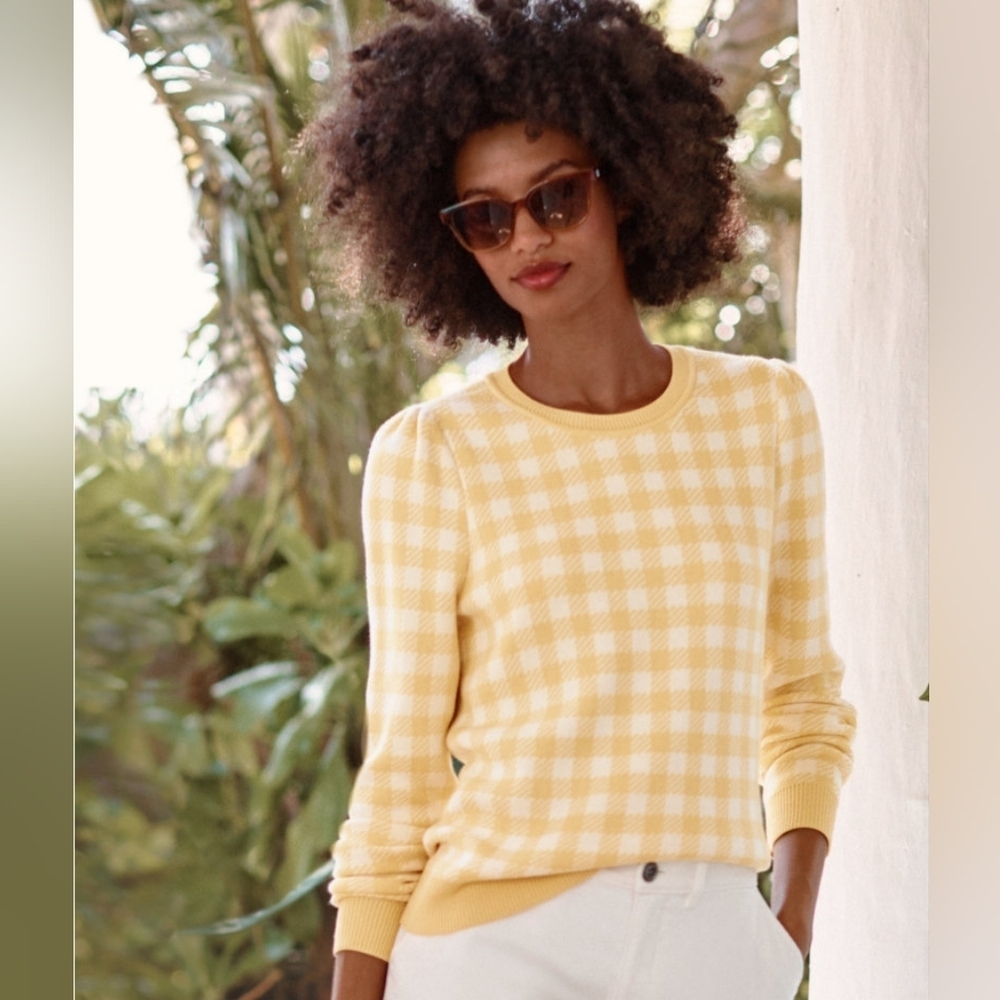 Garnet Hill Gingham Pima Cotton Pullover Sweater Size L Yellow White Puff Sleeve